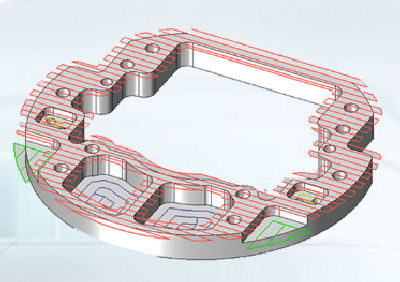 Metal component with several 2 axis tool paths displayed