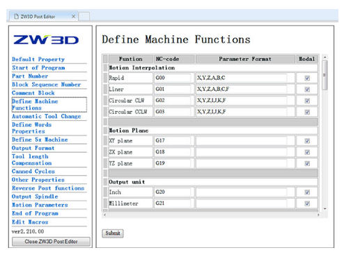 ZW3D Machine Functions A data table showing machine functions