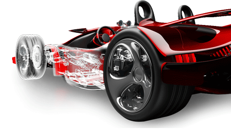 Red racing car with internal components shown in wireframe