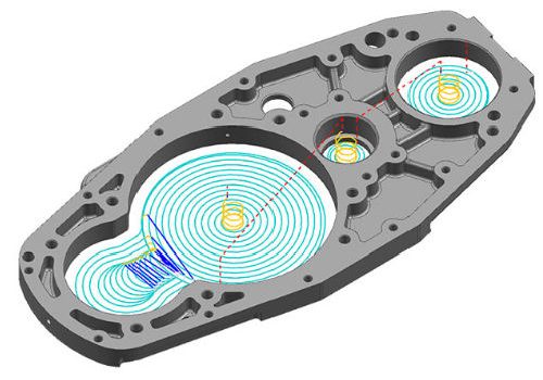 ZW3D Volume Mill function Metal component with several volume milling tool paths displayed