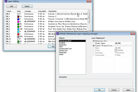 Layer management and layer mapping Dialogs showing layer management and layer mapping