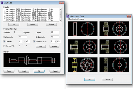 Create shafts and gears by inputting the geometric parameters
