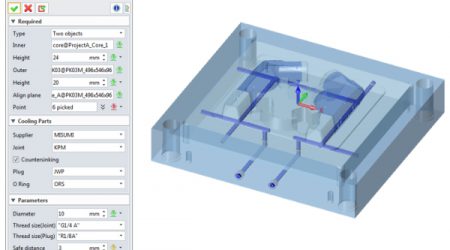 Bottom half of mold tool showing cooling water ways