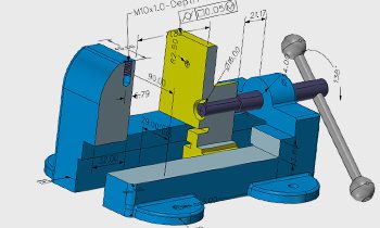 Model of a bench vice with 3D dimensions shown