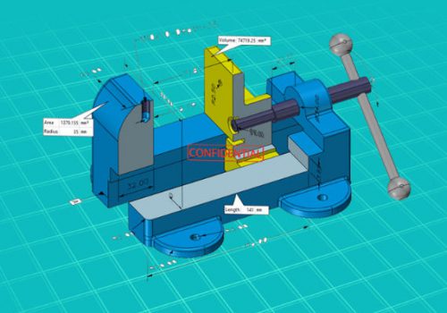 Model of a bench vice on blue hatched background showing dimensions and notes