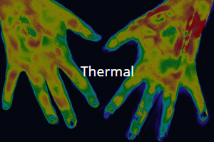 Two outstretch hand mapped in colours showing a thermal image
