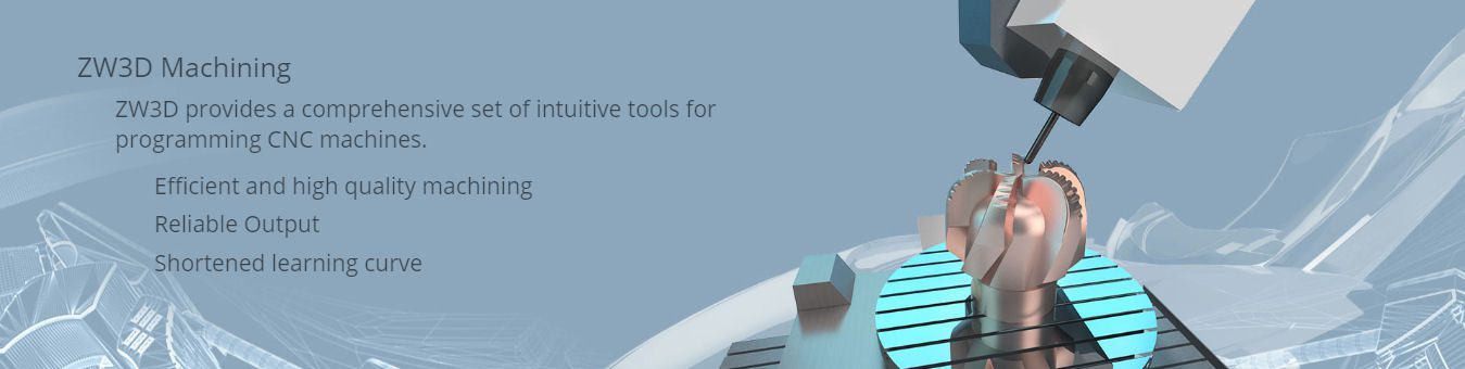 CAM product banner An image of a Oil Well drill head being machined 5 axis on a light blue background