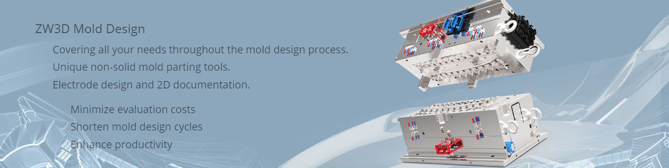 mold product banner An exploded view of a multi impression mold tool on a silver blue background