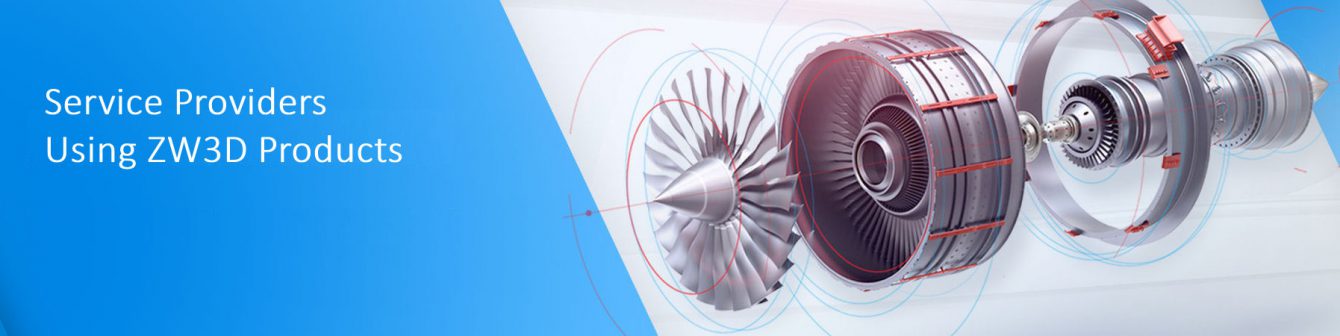 ZW3D Service Providers Exploded view of an aero engine sowing all the components on a silver and blue background
