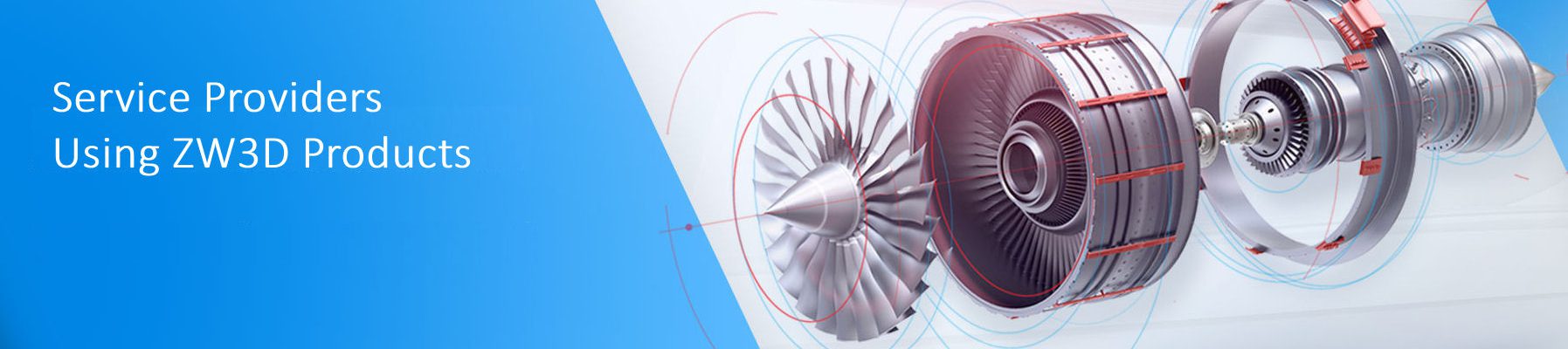 ZW3D Service Providers Exploded view of an aero engine sowing all the components on a silver and blue background